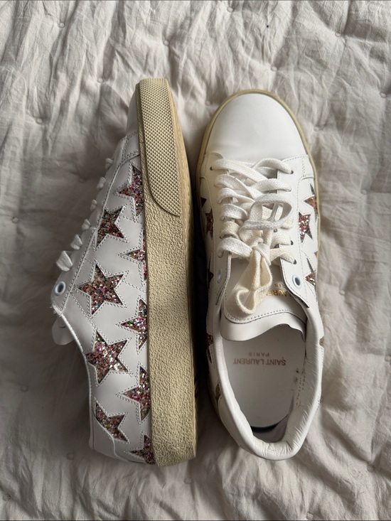 Saint Laurent Shoes - Saint Laurent White Leather Sneakers with Multicolor Glitter Star Accents